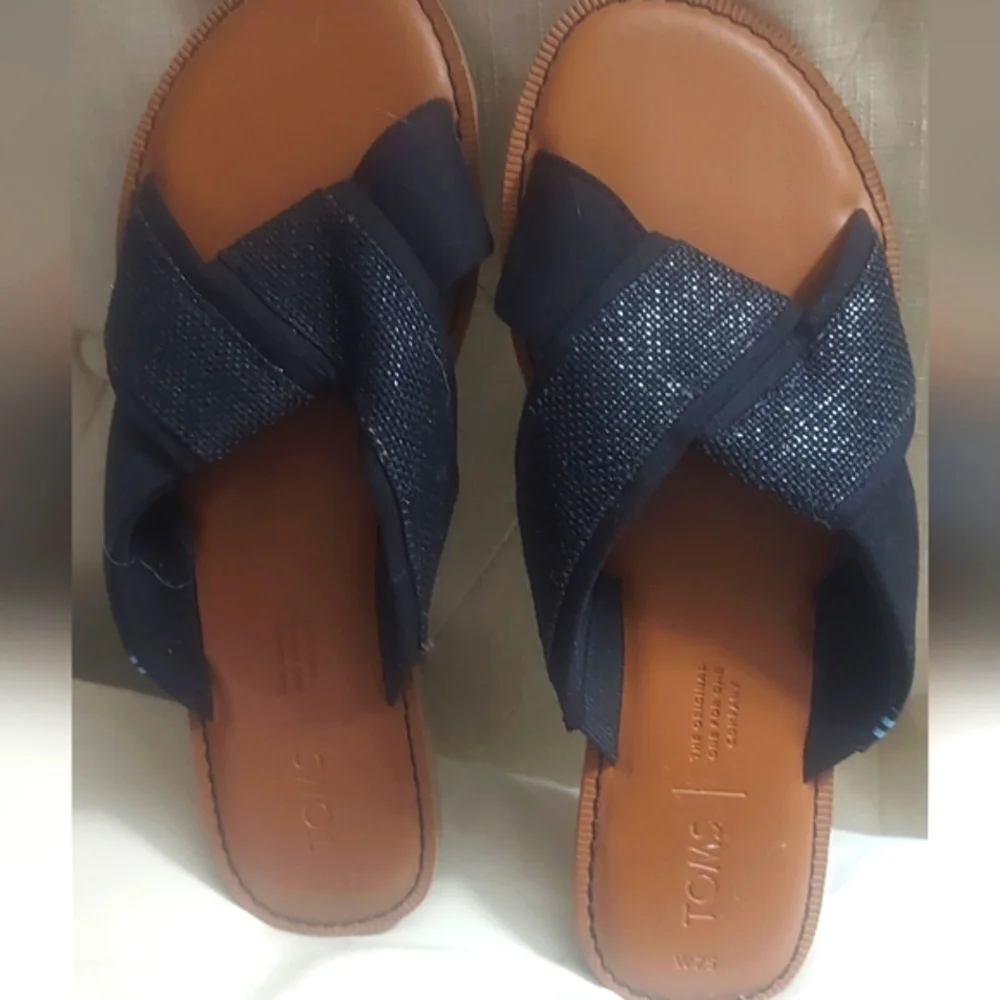 Toms Black & Brown Cross-Strap Slide Sandals Sz 7.5
